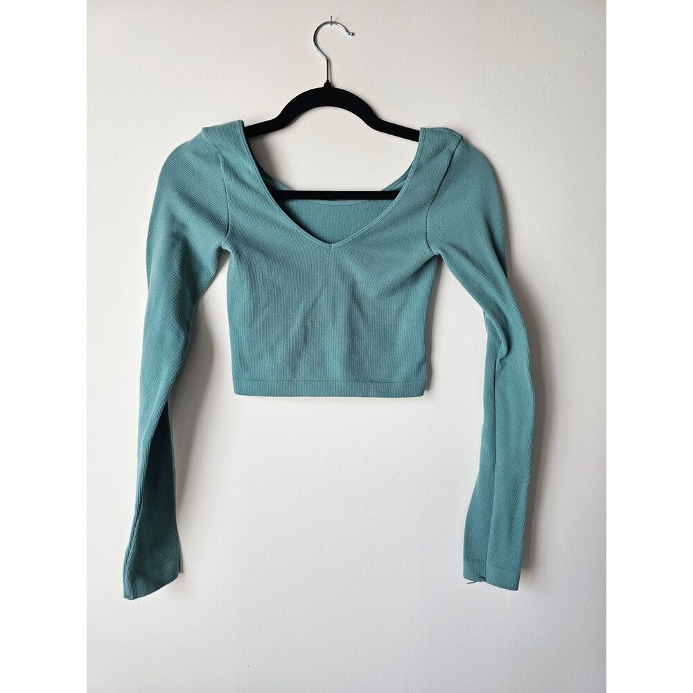 Aeropostale Ribbed Crop Top XS Teal Long Sleeve Fitted Y2K Stretch - Picture 2 of 5